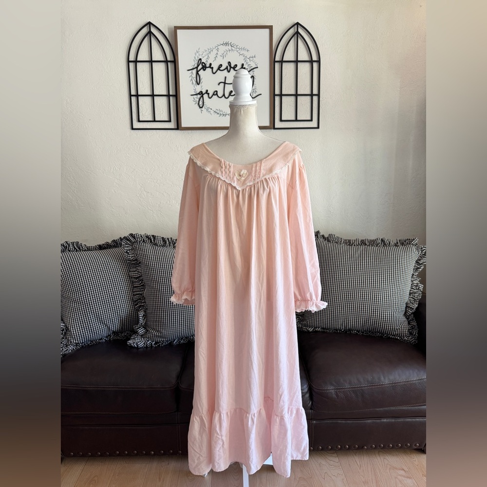 Vintage Featherbed Pink Cottagecore Maxi Nightgown Crochet Heart Whimsical